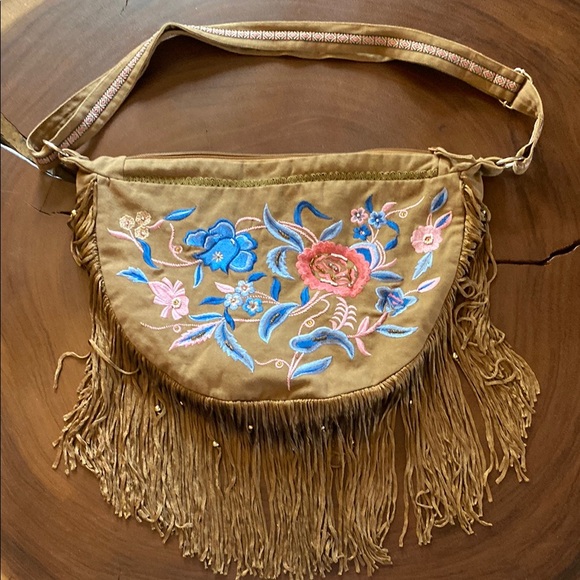 Handbags - LaBellum by Hillary Scott Embroidered Fringe Saddlebag in Tan